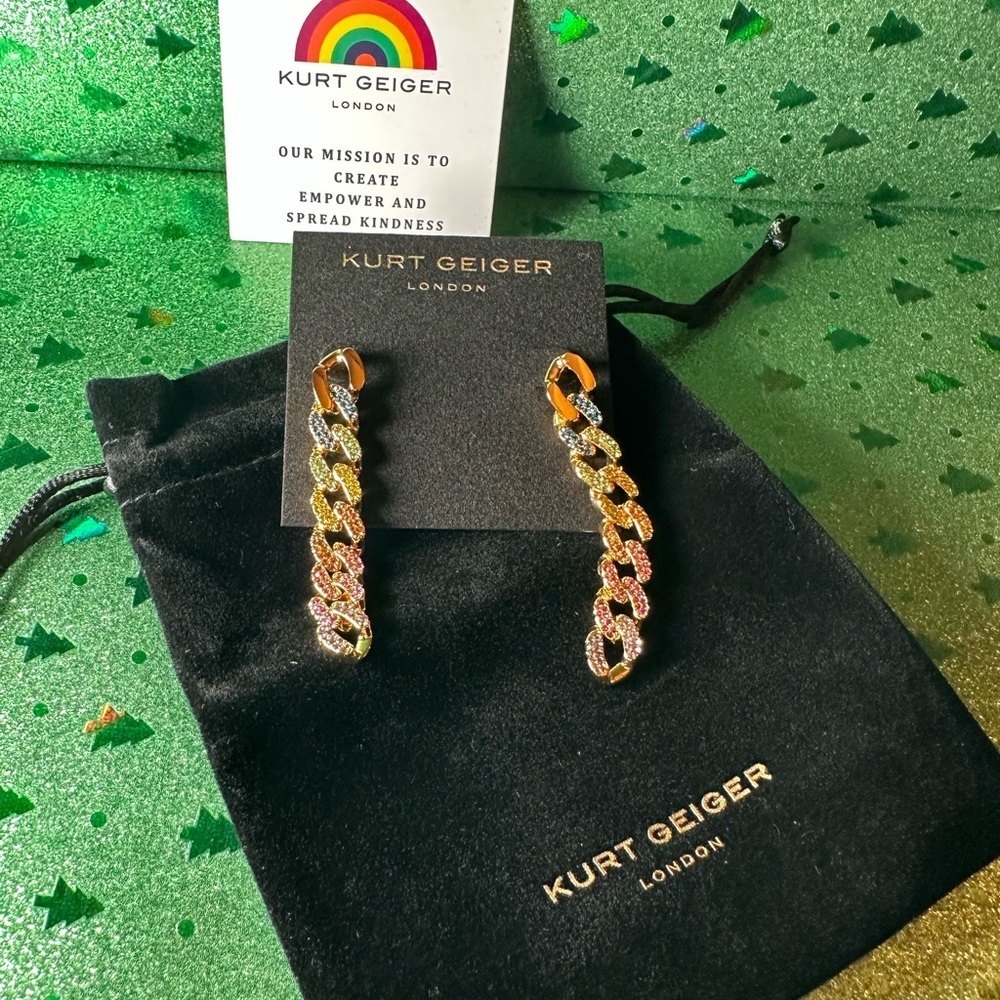 🌈 Kurt Geiger Rainbow Pave link earrings NWT w/ KG dust bag - Picture 3 of 13